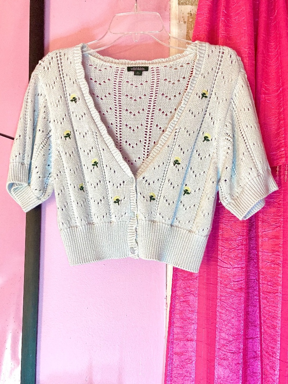 Wild Fable Pale Blue Crochet Bolero Crop Shrug Yellow Floral Coquette Womens XL